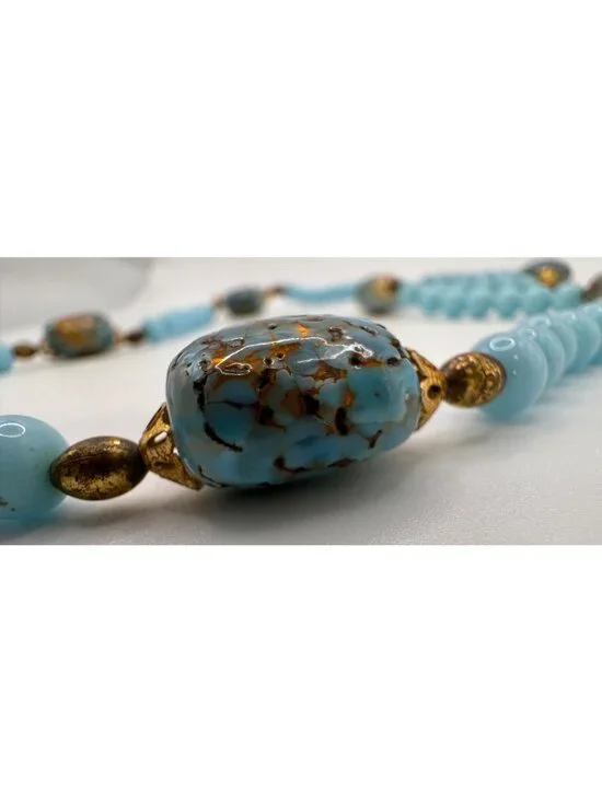 Blue Glass Lampwork Gold Foil Bead Necklace 24” Gold Tone Robins Egg Artisan - Picture 6 of 10